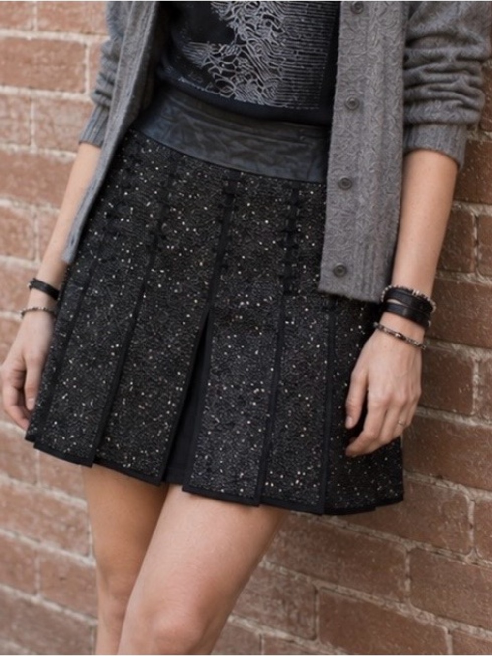 Carlisle Black & White Tweed Knee Length A-Line Skirt with Leather Waistband